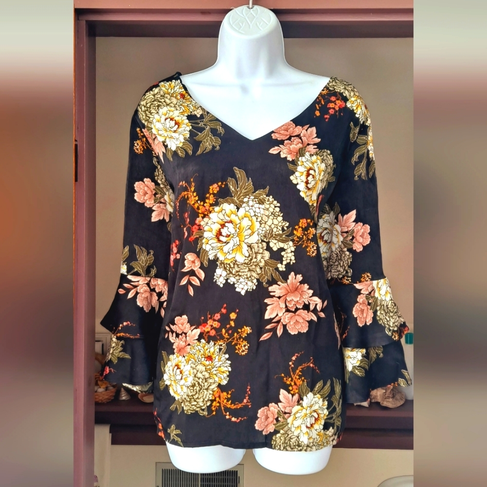 NY COLLECTION Double Bell Sleeve Tunic Top Black Orange Rust V-neck FALL Shirt